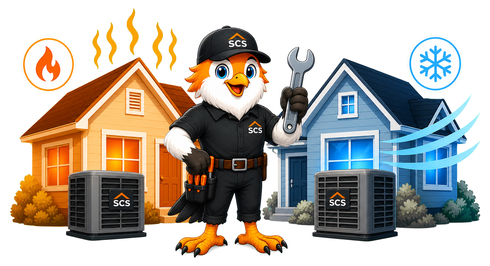 Summit Climate Solutions mascot between a warm home and a cool home showing heating and air conditioning service