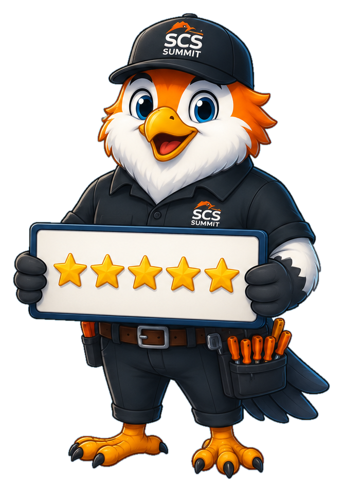 Summit Climate Solutions bird technician holding a five star review sign