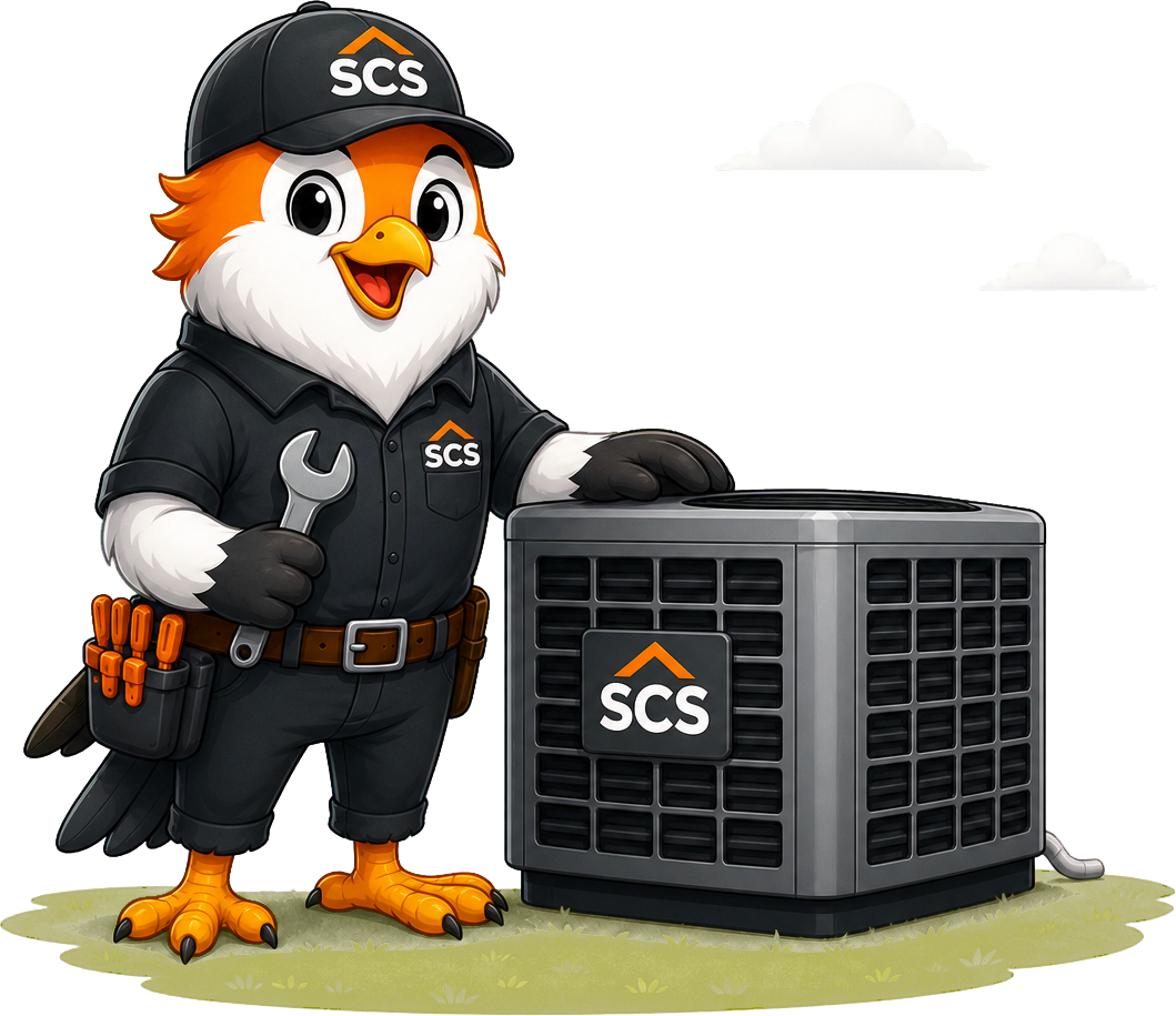 Summit Climate Solutions bird technician beside an outdoor AC unit